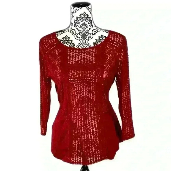 Lucky Brand Boho Peasant Crochet Lace Red 3/4 Sleeve Top, M - Picture 2 of 10